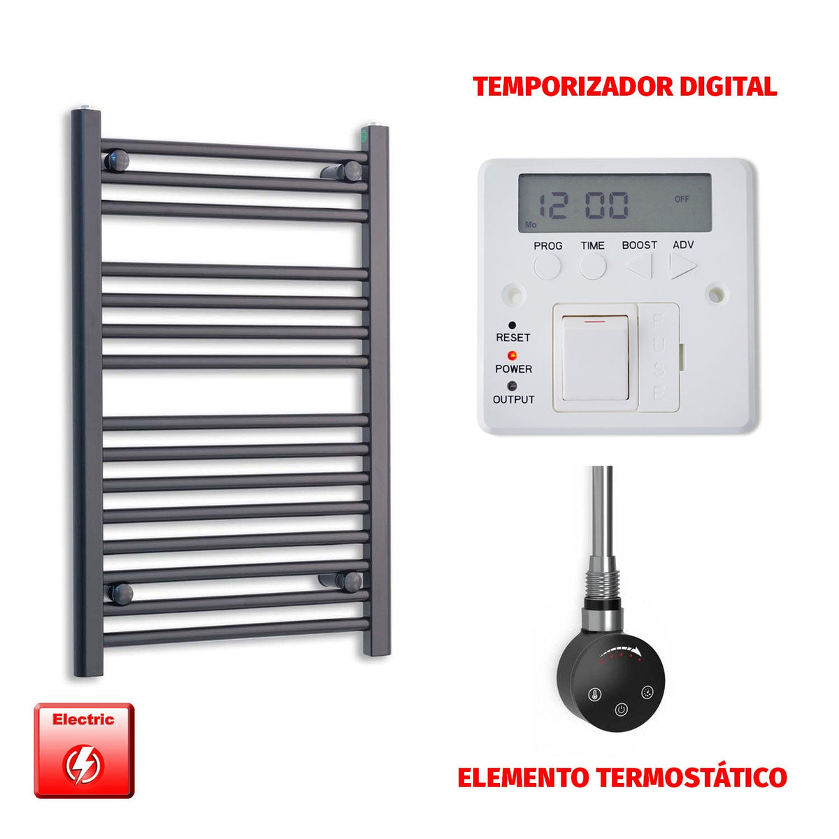 Radiador Toallero Eléctrico Negro 600mm Ancho - Precargado