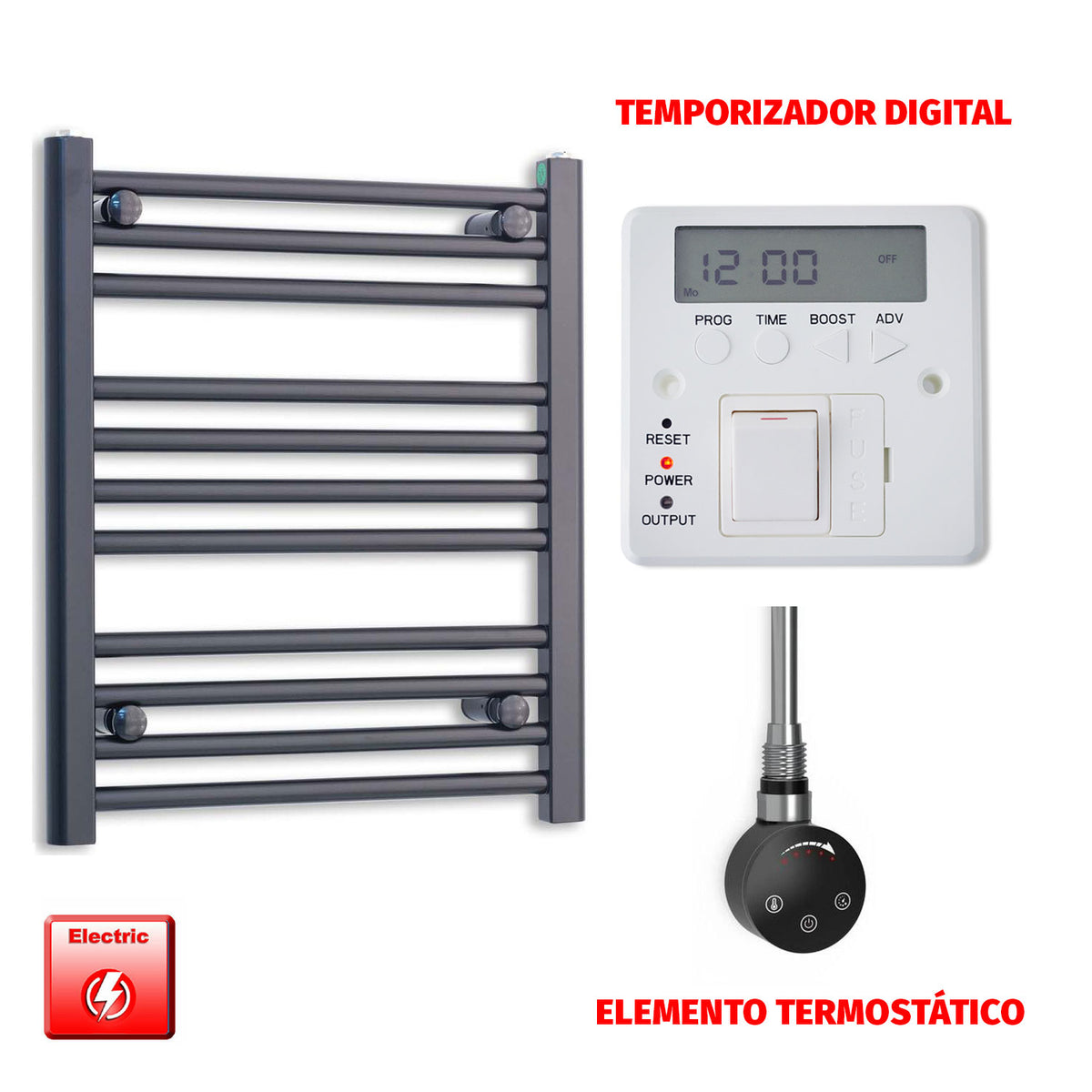 Radiador Toallero Eléctrico Negro 500mm Ancho - Precargado