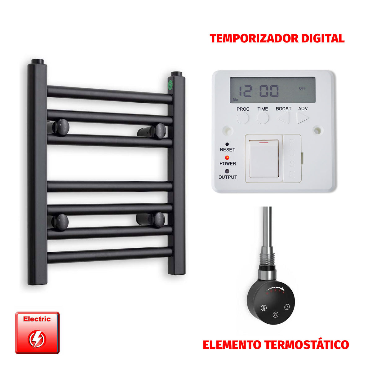 Radiador Toallero Eléctrico Negro 300 mm de Ancho (Precargado)