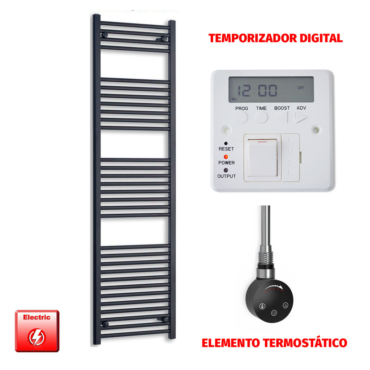 Radiador Toallero Eléctrico Negro 500mm Ancho - Precargado