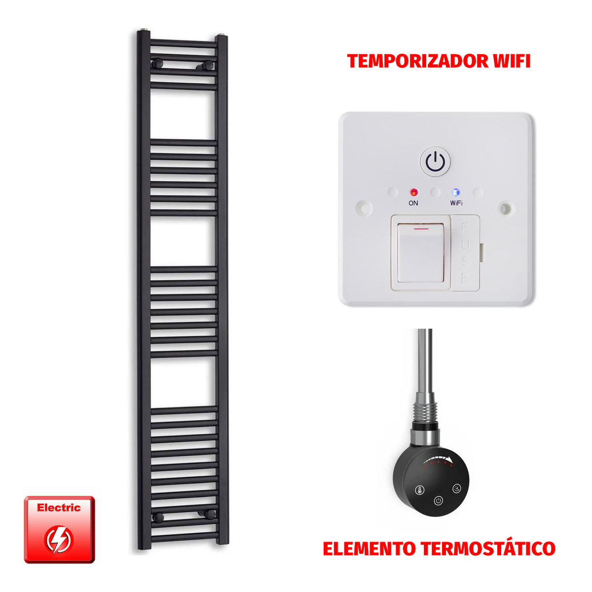 Radiador Toallero Eléctrico Negro 300 mm de Ancho (Precargado)