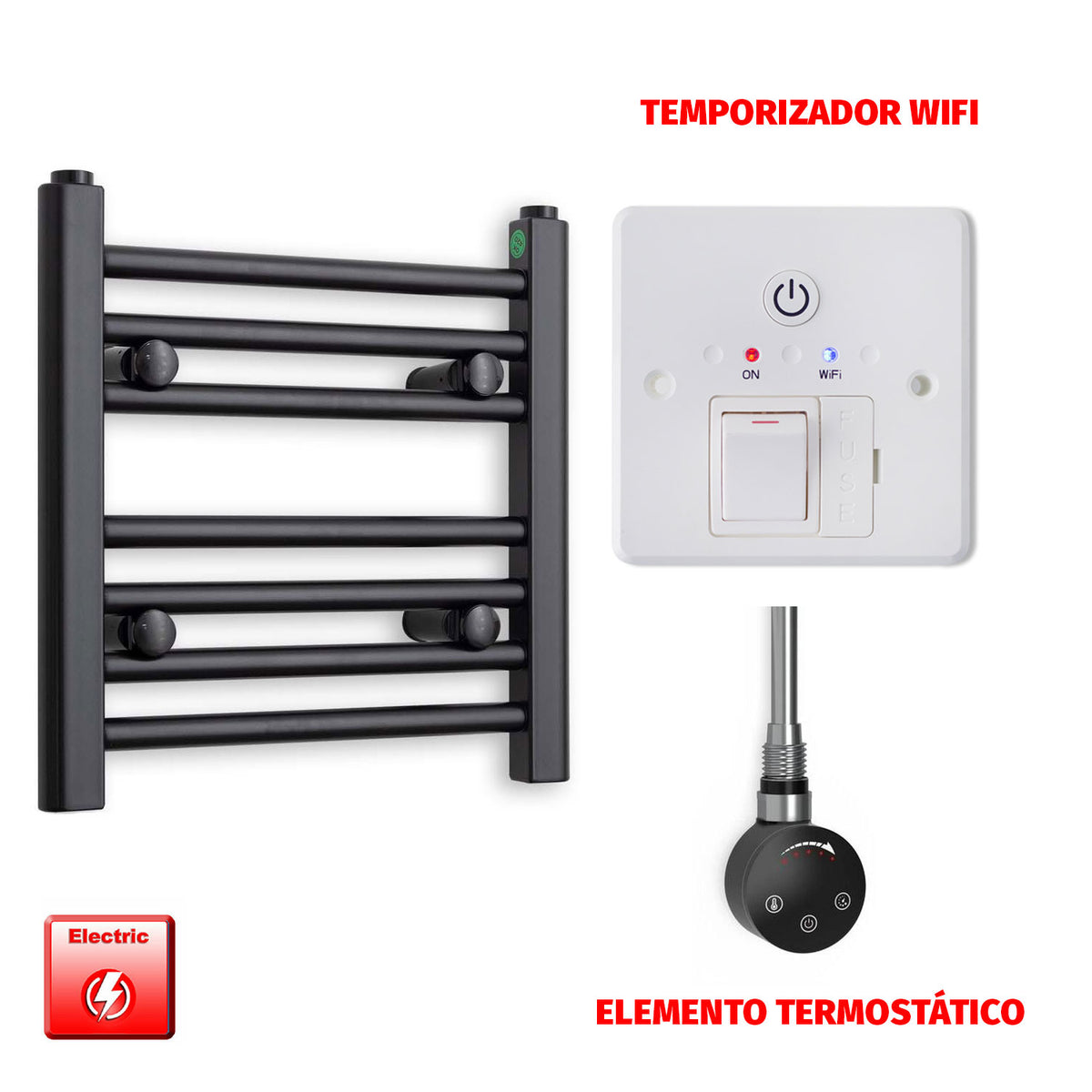 Radiador Toallero Eléctrico Negro 400mm Ancho - Precargado