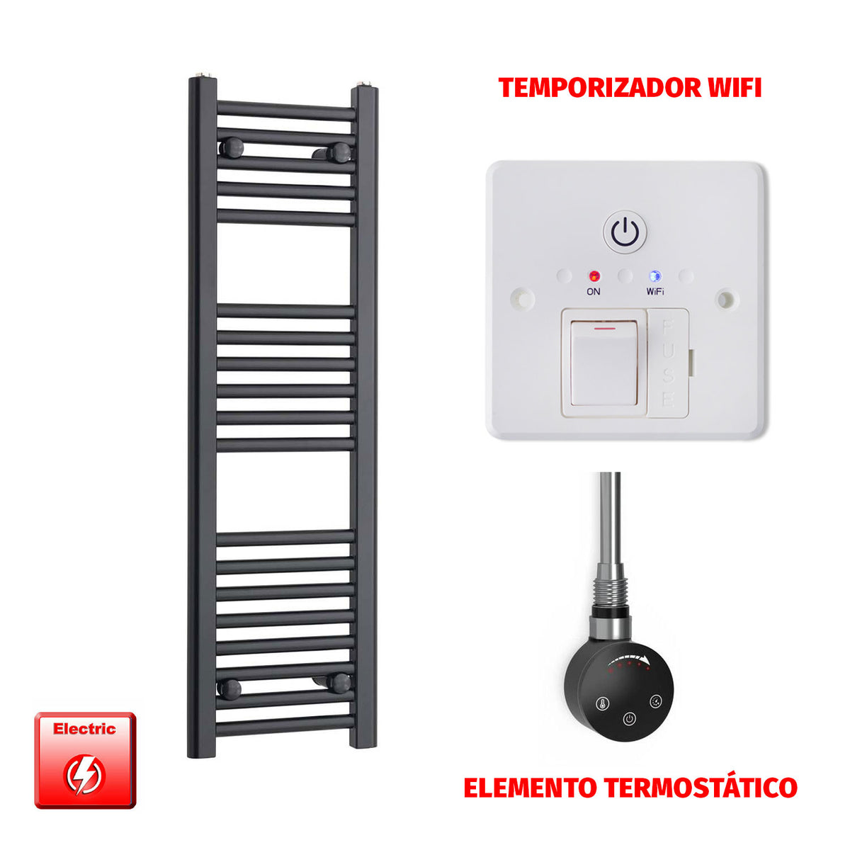 Radiador Toallero Eléctrico Negro 300 mm de Ancho (Precargado)