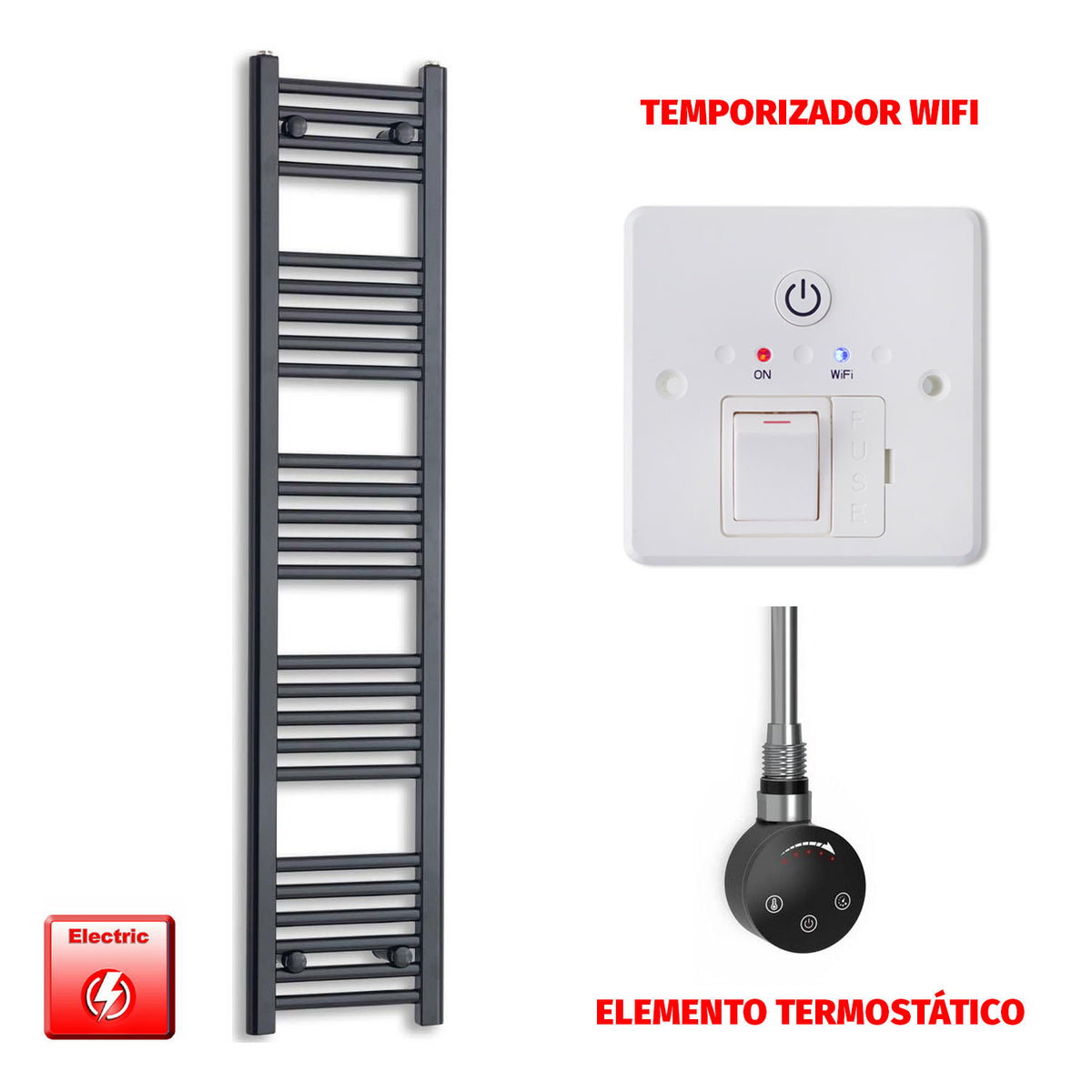 Radiador Toallero Eléctrico Negro 300 mm de Ancho (Precargado)