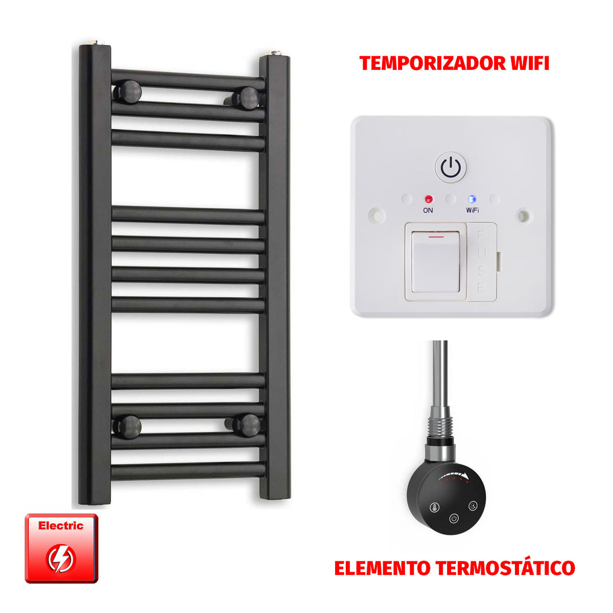 Radiador Toallero Eléctrico Negro 300 mm de Ancho (Precargado)