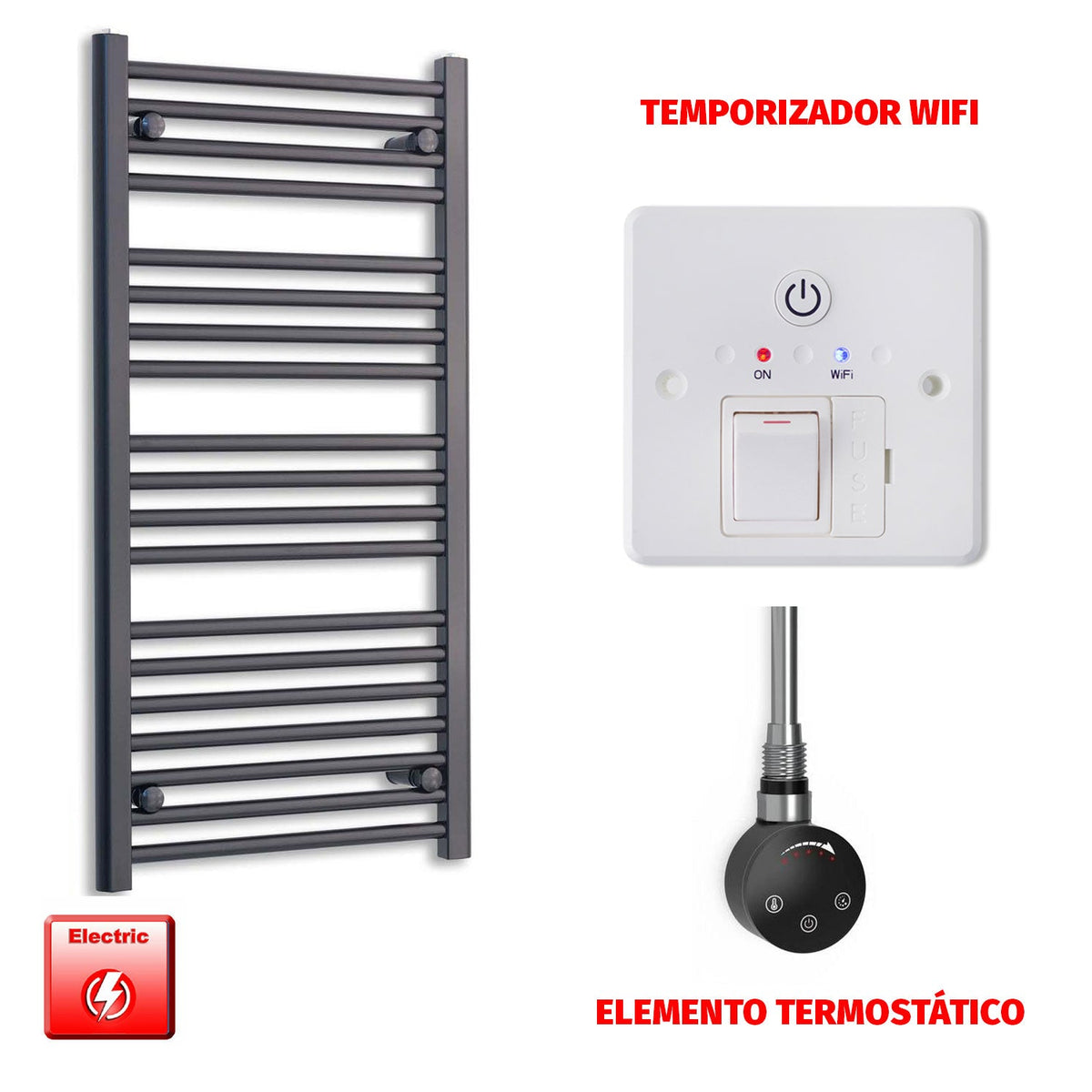 Radiador Toallero Eléctrico Negro 600mm Ancho - Precargado