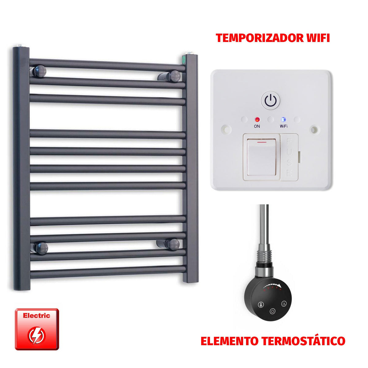 Radiador Toallero Eléctrico Negro 600mm Ancho - Precargado