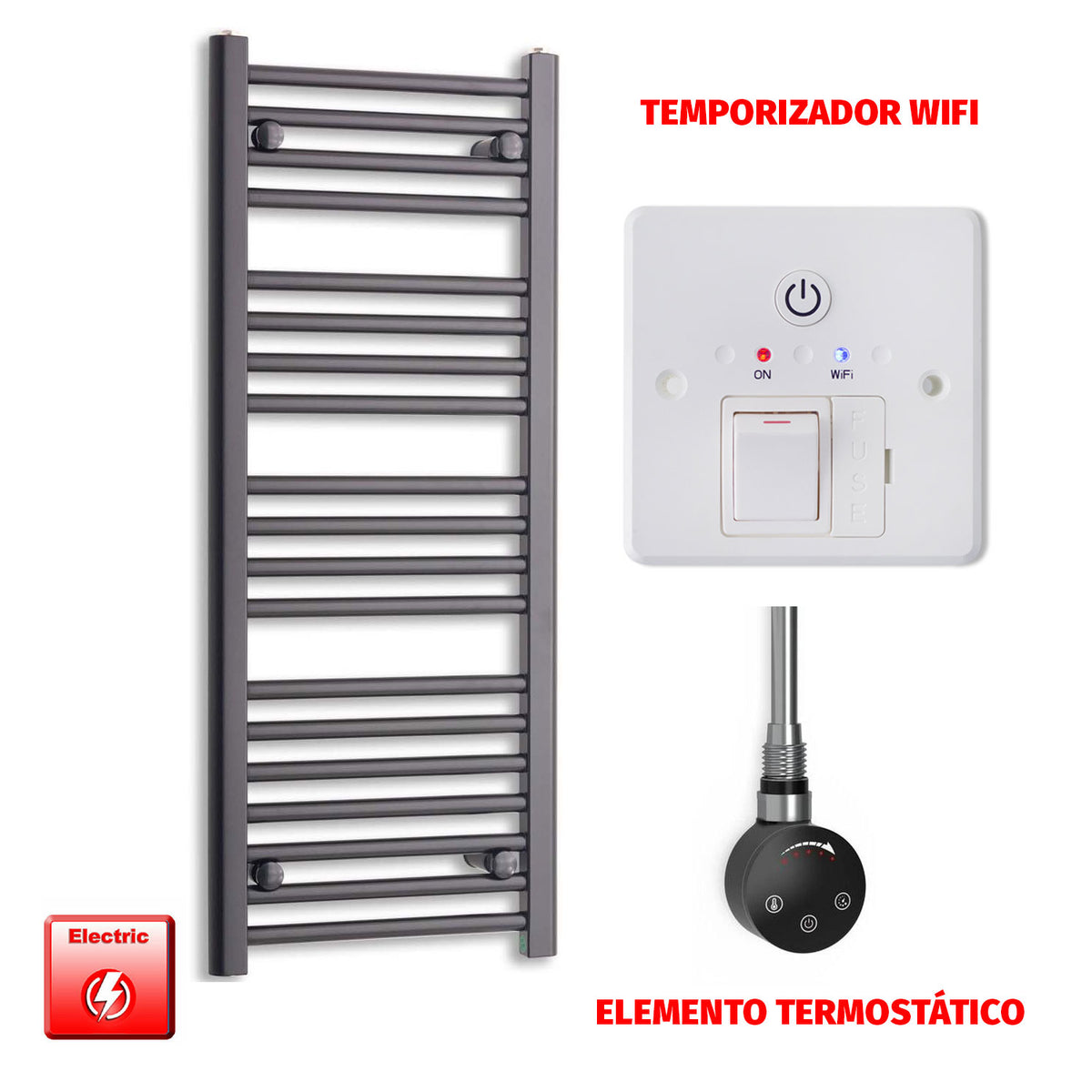 Radiador Toallero Eléctrico Negro 400mm Ancho - Precargado