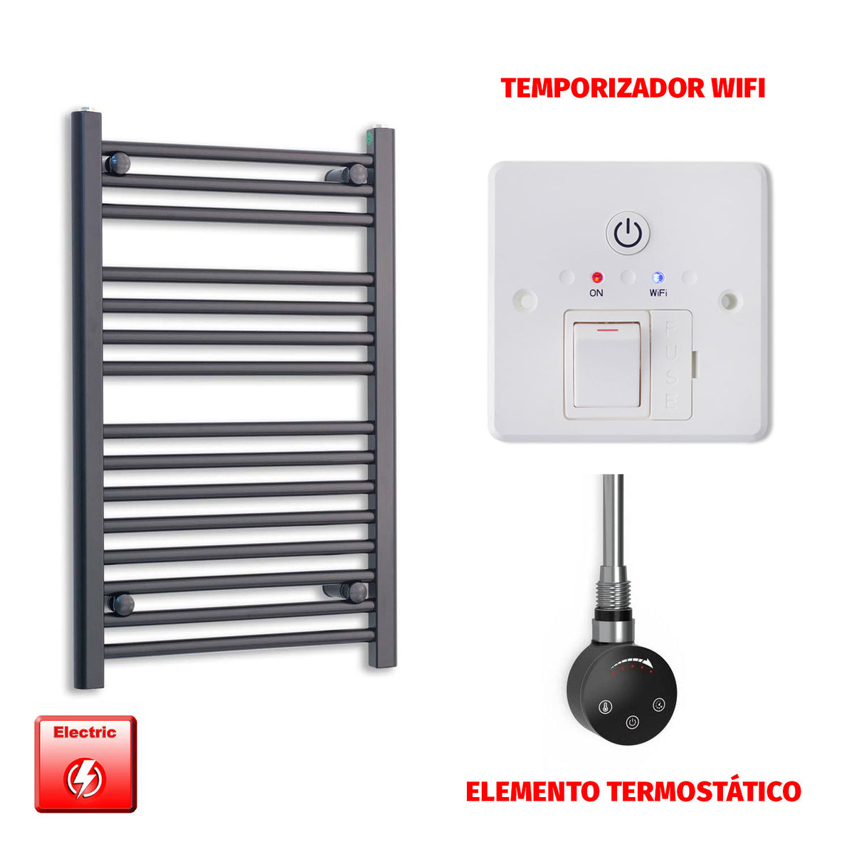 Radiador Toallero Eléctrico Negro 550mm Ancho - Precargado