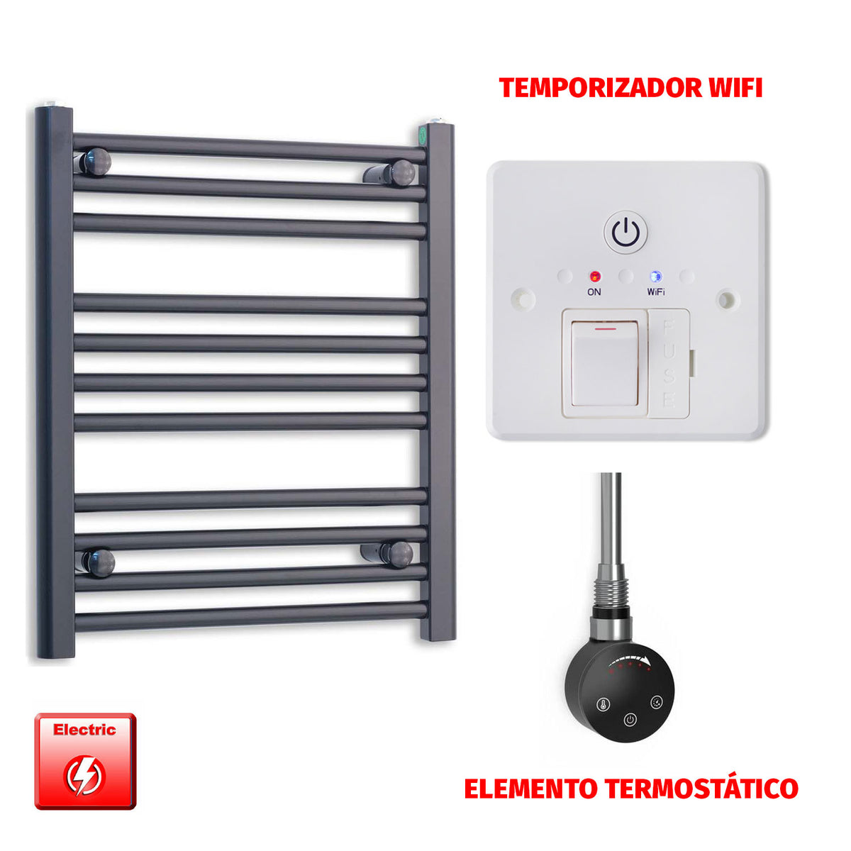 Radiador Toallero Eléctrico Negro 500mm Ancho - Precargado