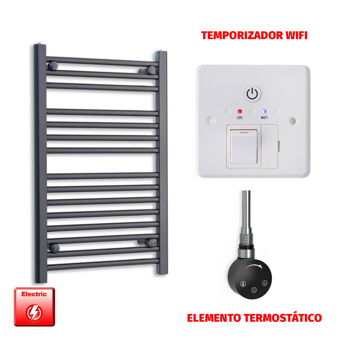 Radiador Toallero Eléctrico Negro 500mm Ancho - Precargado