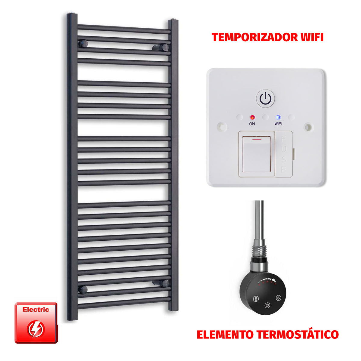 Radiador Toallero Eléctrico Negro 500mm Ancho - Precargado