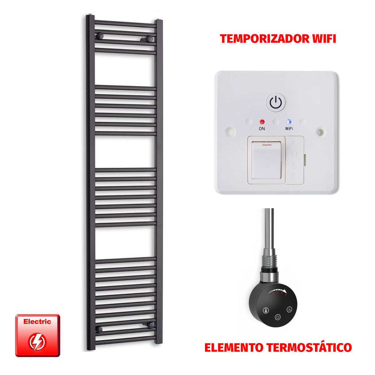 Radiador Toallero Eléctrico Negro 450mm Ancho - Precargado