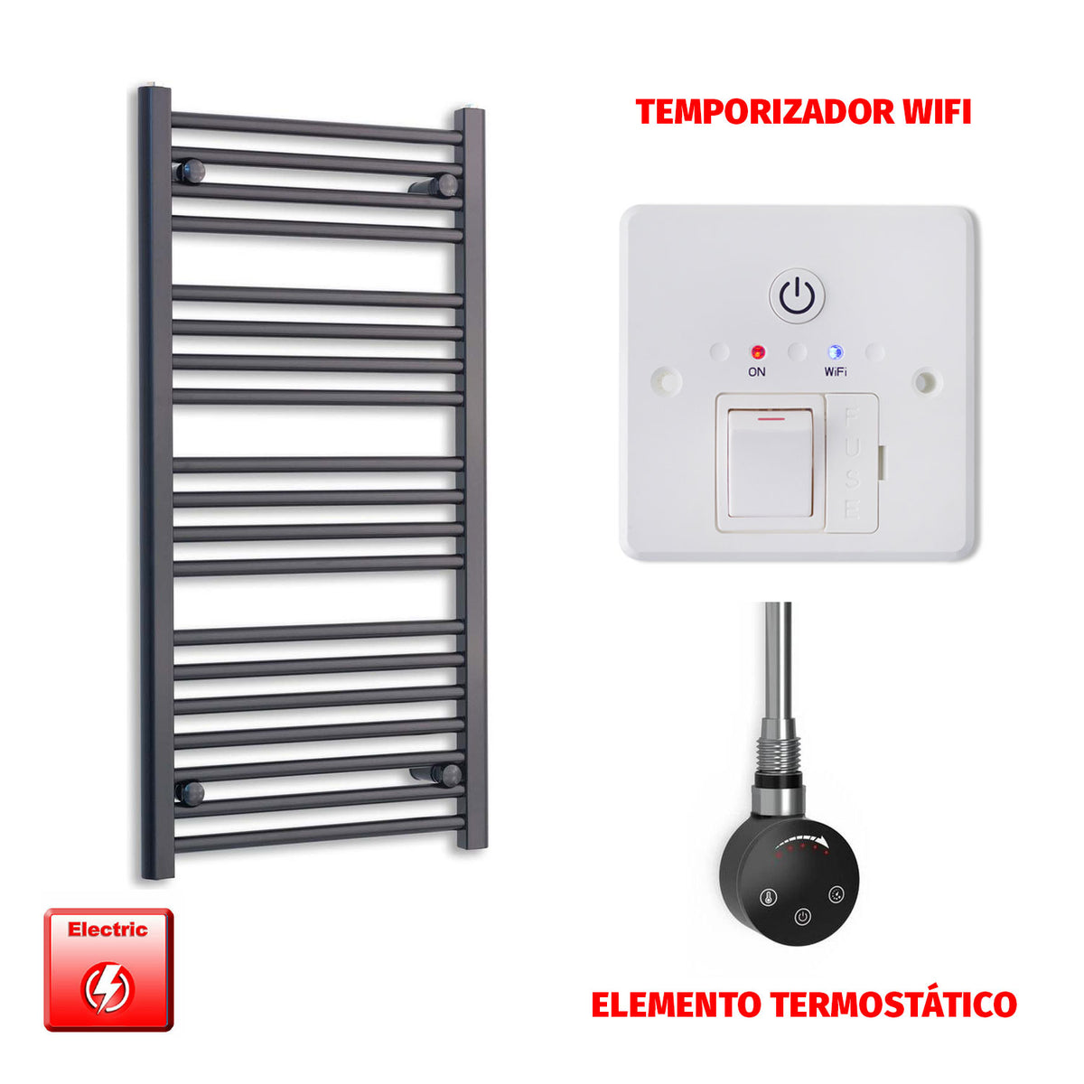 Radiador Toallero Eléctrico Negro 500mm Ancho - Precargado