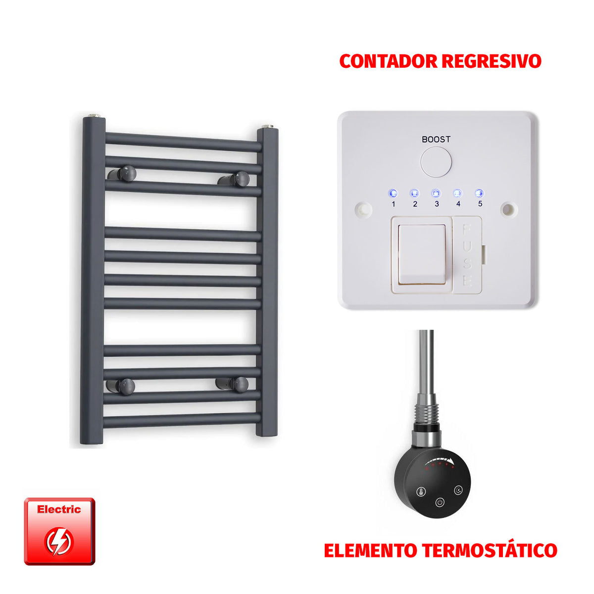 Radiador Toallero Eléctrico Anthracite 400mm Ancho - Precargado